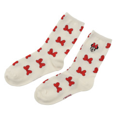 Japan Disney Store Crew Socks - Minnie : Face Ribbon Ivory