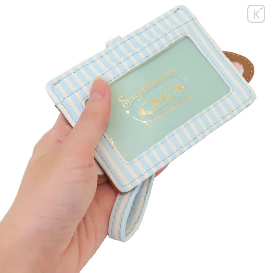 Japan Sanrio Pass Case Card Holder & Reel - Sugarbunnies : Kurosawa Face Blue Stripe - 2