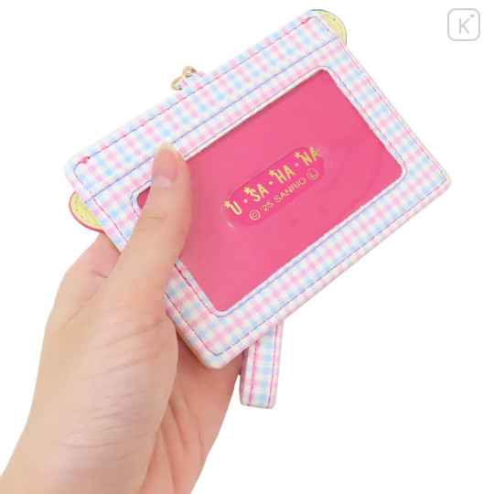 Japan Sanrio Pass Case Card Holder & Reel - Usahana : Face Gingham - 2