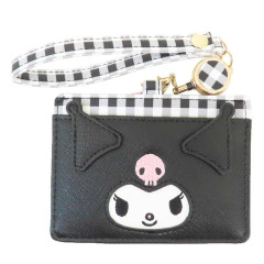 Japan Sanrio Pass Case Card Holder & Reel - Kuromi : Face Gingham