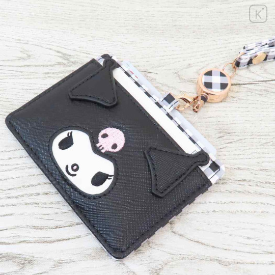 Japan Sanrio Pass Case Card Holder & Reel - Kuromi : Face Gingham - 3