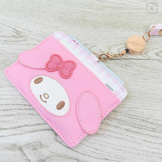 Japan Sanrio Pass Case Card Holder & Reel - My Melody : Face Gingham - 3