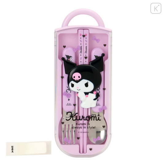 Japan Sanrio Original Bento Lunch Cutlery Set Spoon Fork Chopstick - Kuromi : Purple Ribbon - 1