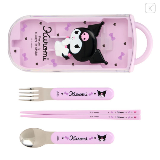 Japan Sanrio Original Bento Lunch Cutlery Set Spoon Fork Chopstick - Kuromi : Purple Ribbon - 2