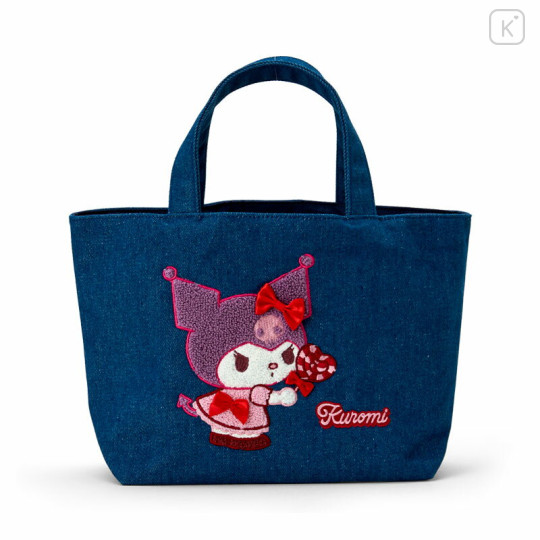 Japan Sanrio Sagara Embroidered Denim Mini Tote Bag - Kuromi : Heart Candy - 1