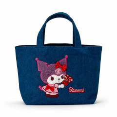 Japan Sanrio Sagara Embroidered Denim Mini Tote Bag - Kuromi : Heart Candy
