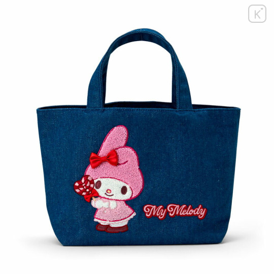Japan Sanrio Sagara Embroidered Denim Mini Tote Bag - My Melody : Heart Candy - 1