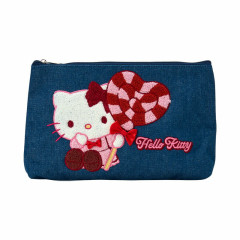 Japan Sanrio Sagara Embroidered Denim Pouch - Hello Kitty : Heart Candy