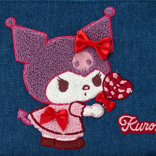 Japan Sanrio Sagara Embroidered Denim Pouch - Kuromi : Heart Candy - 4