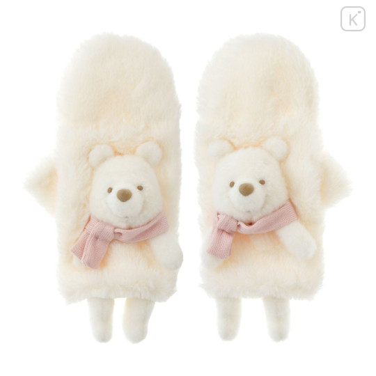 Japan Disney Store Fake Fur Mittens - Pooh : White Pooh Mascot - 2