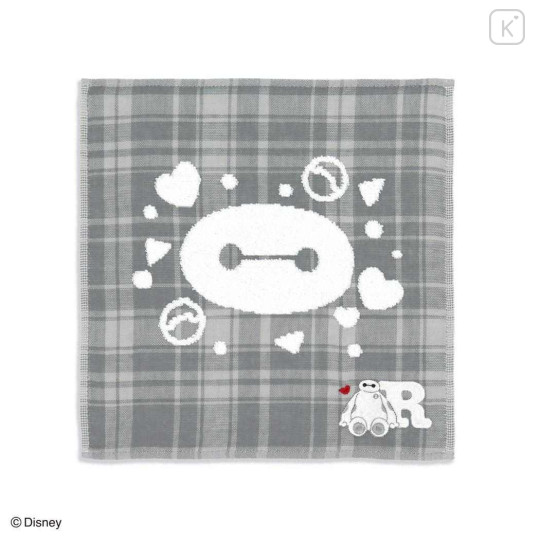 Japan Disney Gauze Towel Handkerchief - Baymax : Gingham Grey Alphabet R - 1