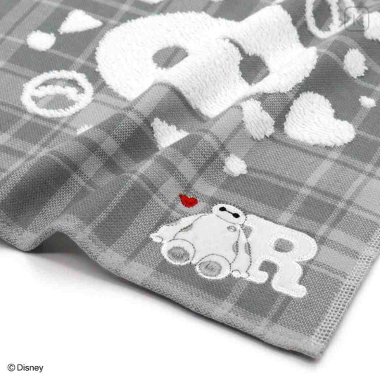 Japan Disney Gauze Towel Handkerchief - Baymax : Gingham Grey Alphabet R - 2