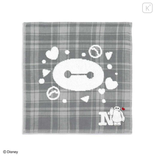Japan Disney Gauze Towel Handkerchief - Baymax : Gingham Grey Alphabet N - 1
