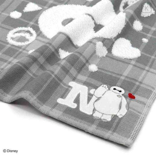 Japan Disney Gauze Towel Handkerchief - Baymax : Gingham Grey Alphabet N - 2