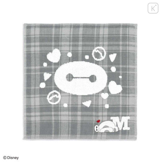 Japan Disney Gauze Towel Handkerchief - Baymax : Gingham Grey Alphabet M - 1
