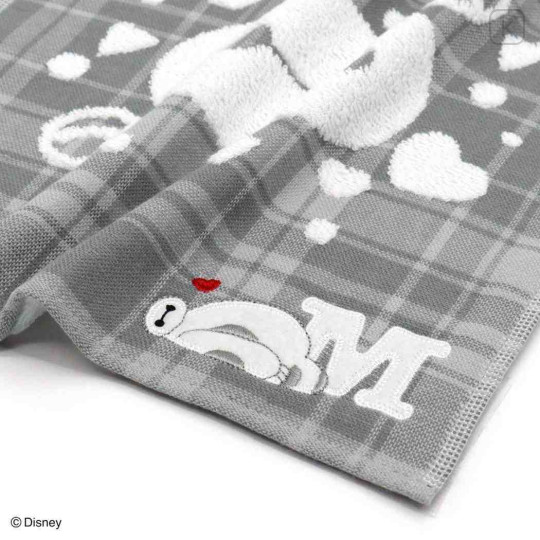 Japan Disney Gauze Towel Handkerchief - Baymax : Gingham Grey Alphabet M - 2