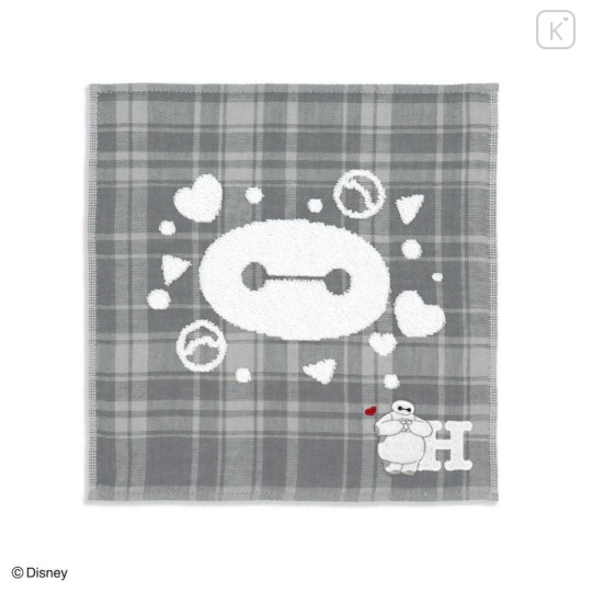 Japan Disney Gauze Towel Handkerchief - Baymax : Gingham Grey Alphabet H - 1