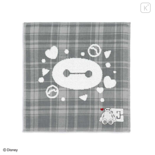 Japan Disney Gauze Towel Handkerchief - Baymax : Gingham Grey Alphabet E - 1