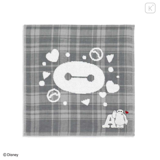 Japan Disney Gauze Towel Handkerchief - Baymax : Gingham Grey Alphabet A - 1