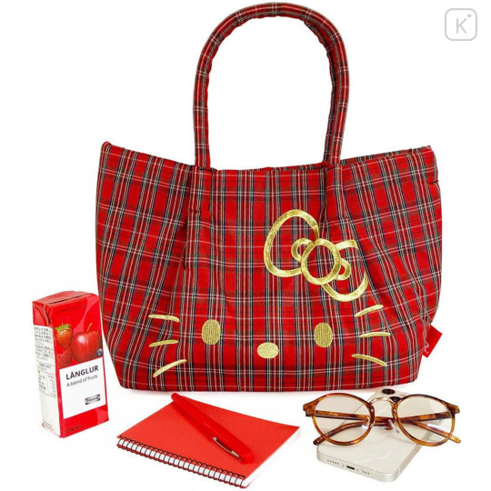 Japan Sanrio Rootote Deli Tote Bag - Hello Kitty : Tartan Red - 7