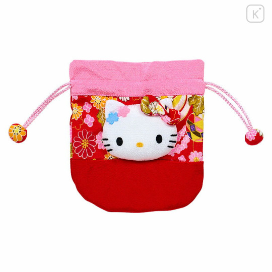 Japan Sanrio Drawstring Bag - Hello Kitty : Japanese Pattern Face - 1