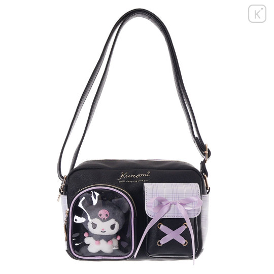 Japan Sanrio Shoulder Bag with Plush Pocket - Kuromi - 1