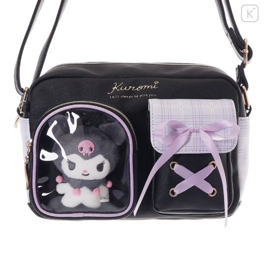 Japan Sanrio Shoulder Bag with Plush Pocket - Kuromi - 2