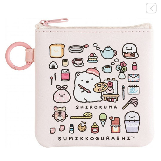 Japan San-X Mini Flat Pouch Multi-Case with Carabiner - Sumikko Gurashi : Sumikko's Favorite Shirokuma Light Pink - 1