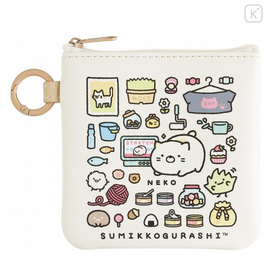 Japan San-X Mini Flat Pouch Multi-Case with Carabiner - Sumikko Gurashi : Sumikko's Favorite Neko Light Yellow - 1