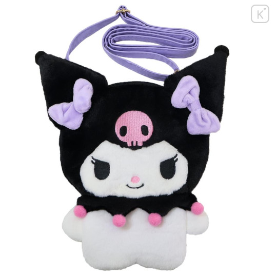 Japan Sanrio Plush Pochette Crossbody Shoulder Bag - Kuromi : Purple Ribbon - 1