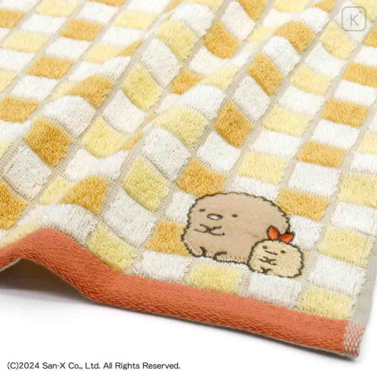 Japan San-X Gauze Towel Handkerchief - Sumikko Gurashi : Tonkatsu Fried Pork & Ebifurai no Shippo Fried Shrimp Tail Grid - 2