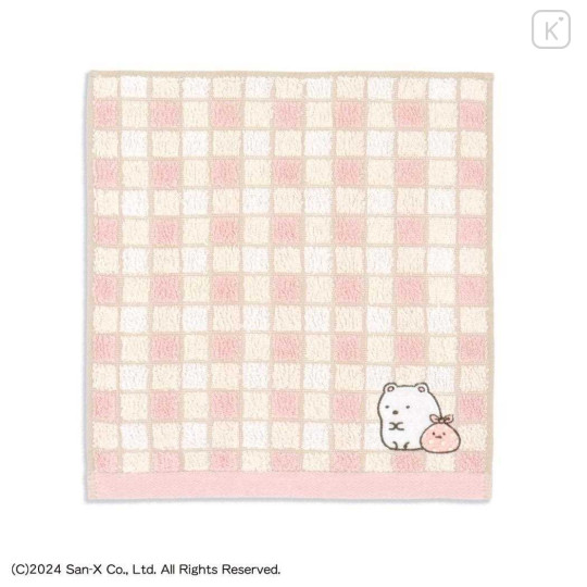 Japan San-X Gauze Towel Handkerchief - Sumikko Gurashi : Shirokuma & Furoshiki Grid Pink - 1