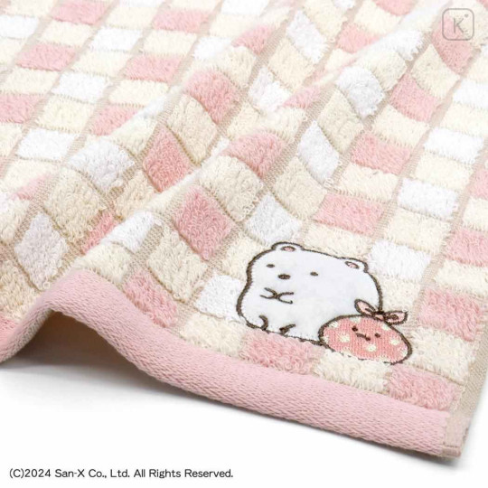 Japan San-X Gauze Towel Handkerchief - Sumikko Gurashi : Shirokuma & Furoshiki Grid Pink - 2