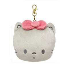 Japan Sanrio Face Pass Case with Reel - Nyaninyunyenyon Grey Pink