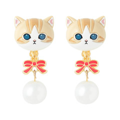Japan Mofusand Swinging Clip-on Earrings - Pearl Ribbon Cat Orange Orange Brown White