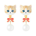 Japan Mofusand Swinging Clip-on Earrings - Pearl Ribbon Cat Orange Orange Brown White - 1