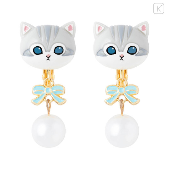 Japan Mofusand Swinging Clip-on Earrings - Pearl Ribbon Cat Grey - 1