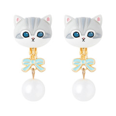 Japan Mofusand Swinging Clip-on Earrings - Pearl Ribbon Cat Grey