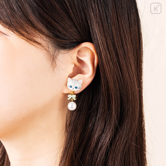 Japan Mofusand Swinging Clip-on Earrings - Pearl Ribbon Cat Grey - 2