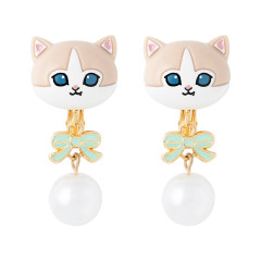 Japan Mofusand Swinging Clip-on Earrings - Pearl Ribbon Cat Beige