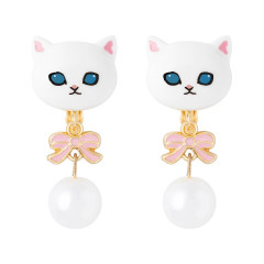 Japan Mofusand Swinging Clip-on Earrings - Pearl Ribbon Cat White