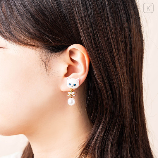 Japan Mofusand Swinging Clip-on Earrings - Pearl Ribbon Cat White - 2