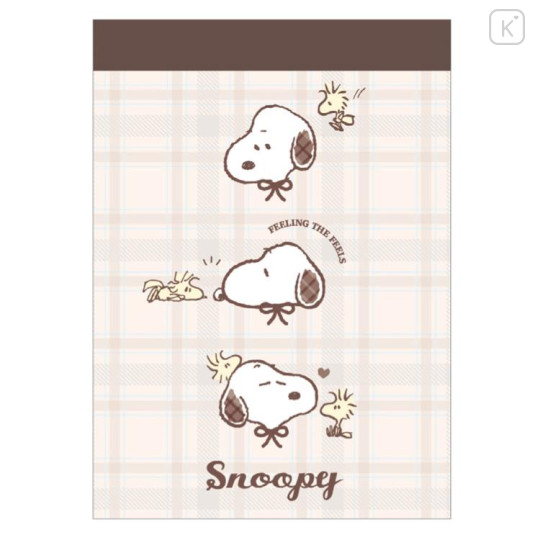 Japan Peanuts Mini Notepad - Snoopy & Woodstock : Light Brown Check - 1