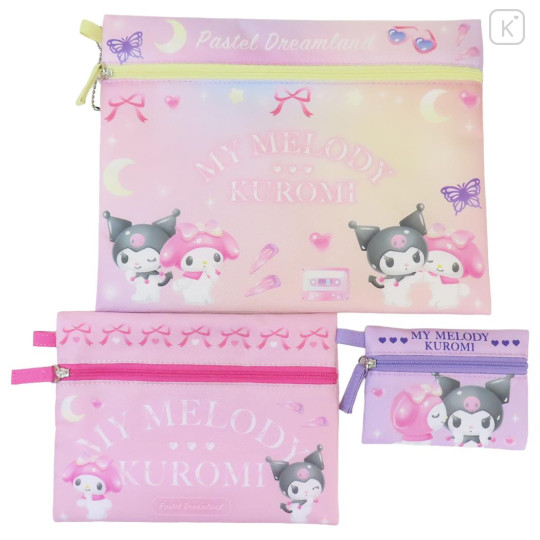 Japan Sanrio Flat Pouch Set - Kuromi & My Melody : Pastel Dreamland - 1