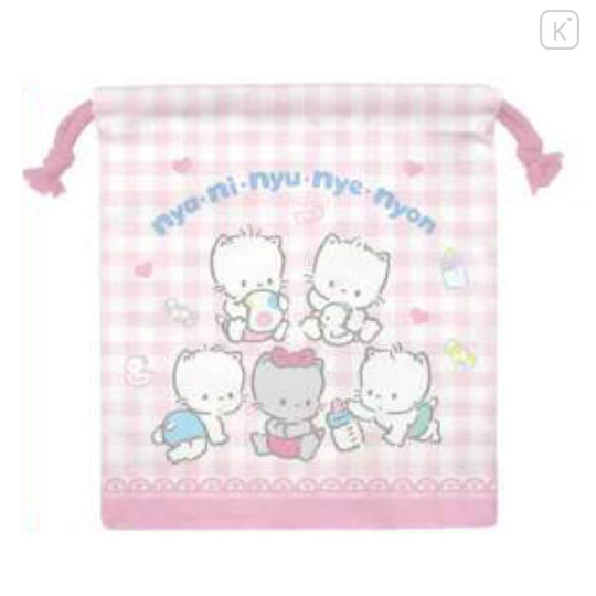 Japan Sanrio Drawstring Bag - Nyaninyunyenyon Gingham Pink - 1