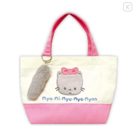 Japan Sanrio Mini Tote Bag with Dangling Tail - Nyaninyunyenyon : Pink White - 1