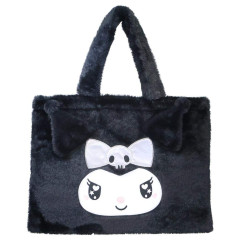 Japan Sanrio Fluffy Fur Tote Bag - Kuromi : Heart Eyes Ribbon