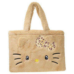 Japan Sanrio Fluffy Fur Tote Bag - Hello Kitty : Heart Eyes Ribbon Tan Leopard