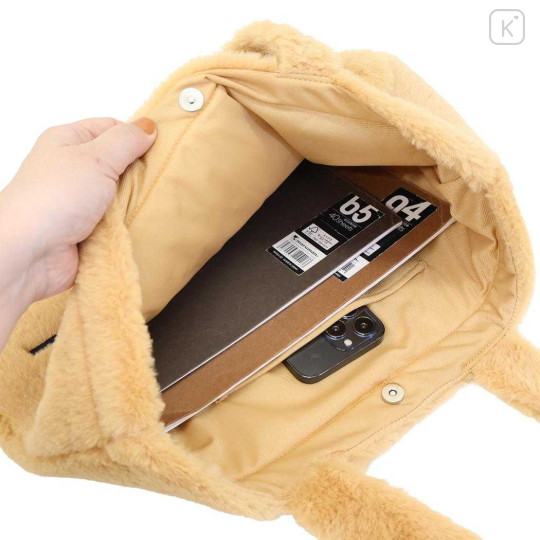 Japan Sanrio Fluffy Fur Tote Bag - Hello Kitty : Heart Eyes Ribbon Tan Leopard - 3