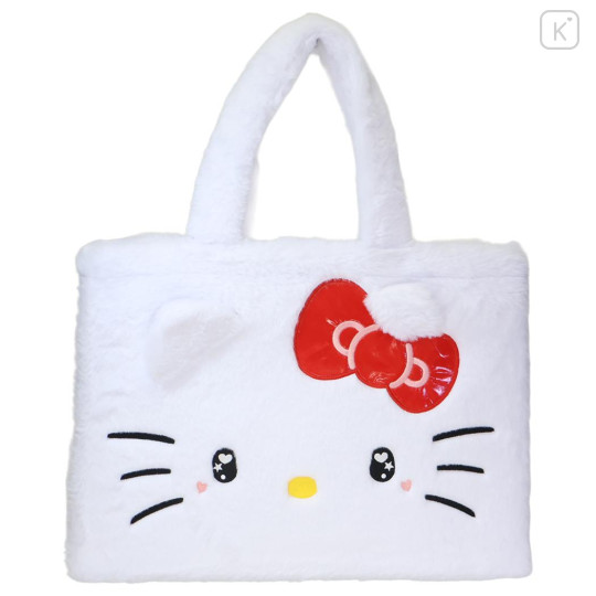 Japan Sanrio Fluffy Fur Tote Bag - Hello Kitty : Heart Eyes Ribbon - 1